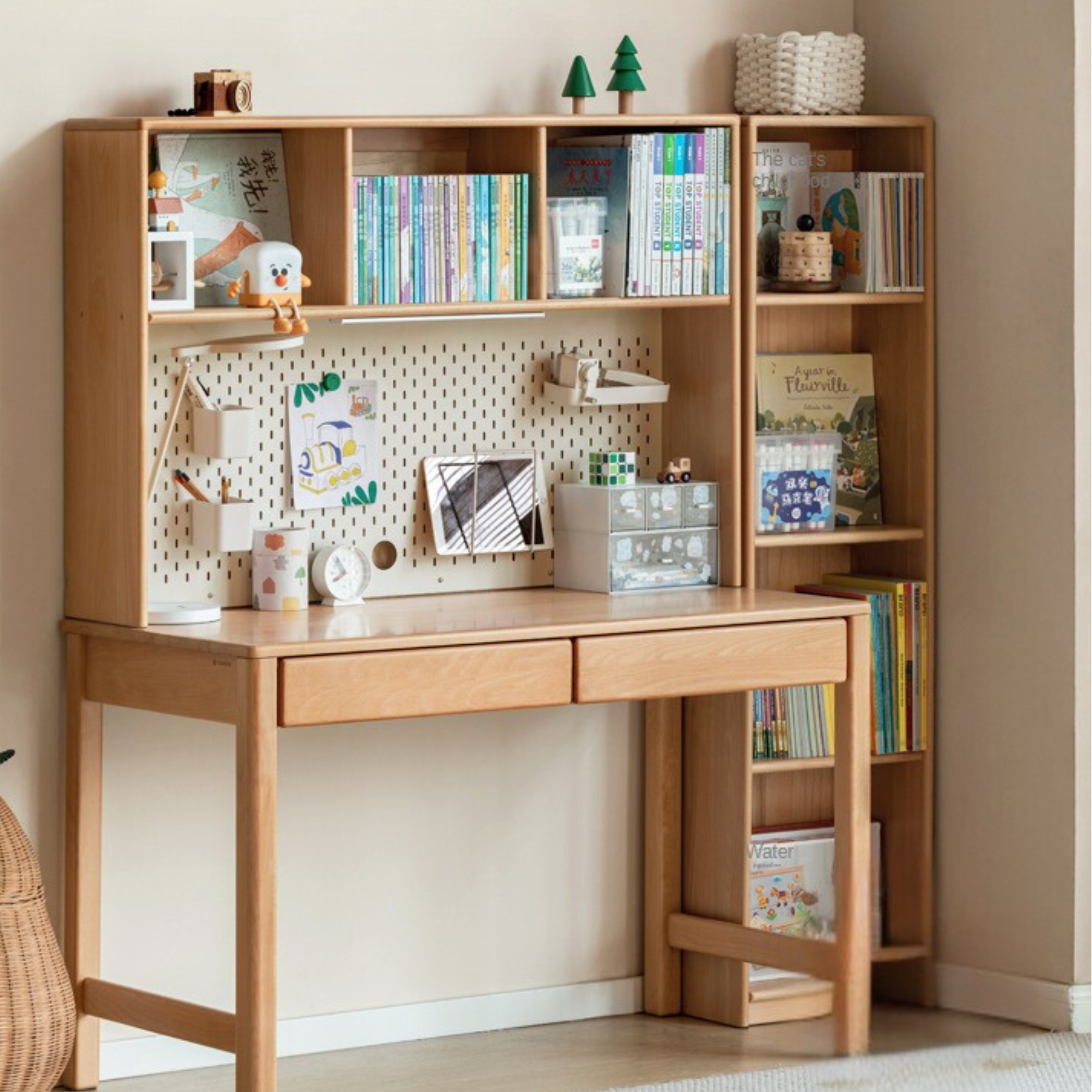 Beech solid wood children's desk bookcase