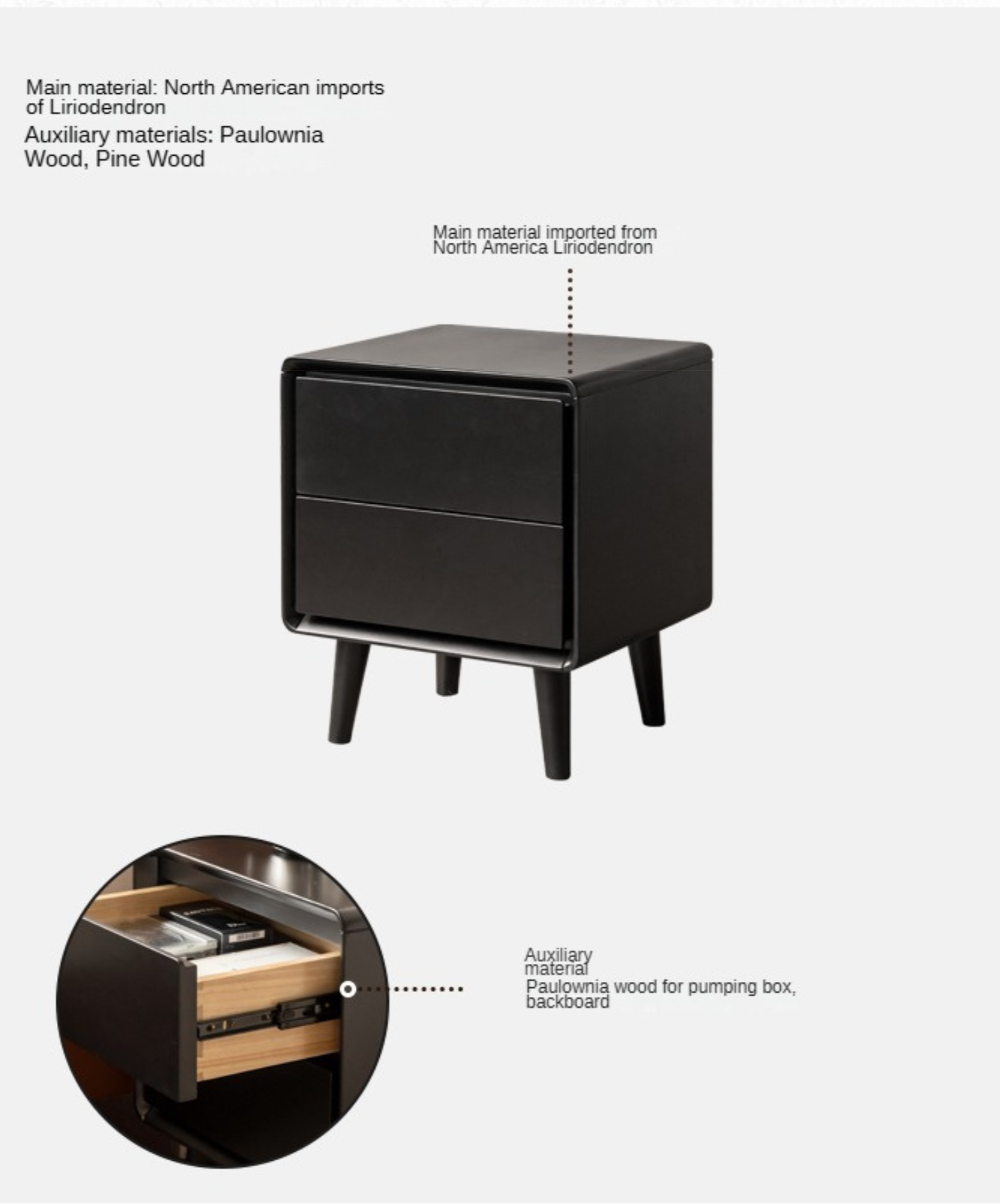 Poplar Solid Wood Black Nightstand