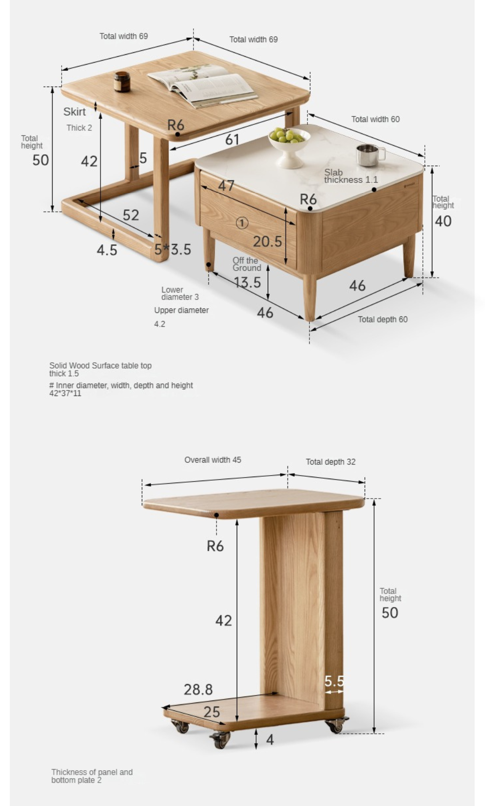 Ash solid wood modern rock board square coffee table