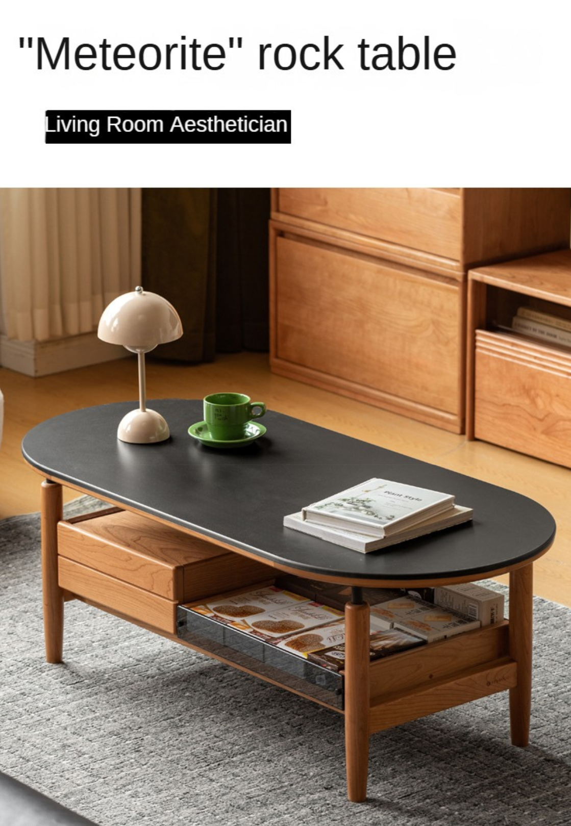 Cherry solid Wood Modern Rock Tea Table with Drawer