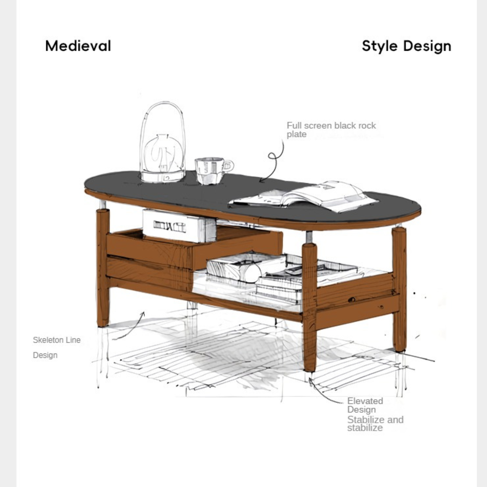 Cherry solid Wood Modern Rock Tea Table with Drawer