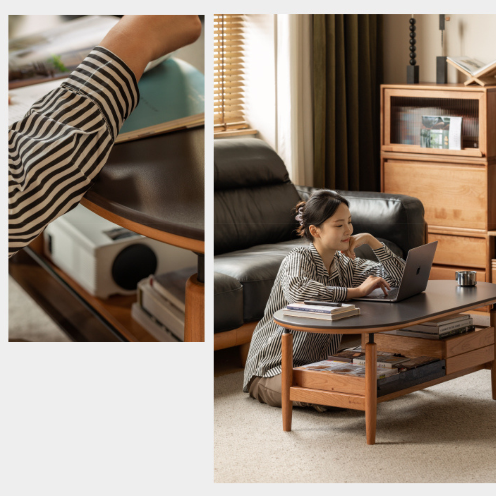 Cherry solid Wood Modern Rock Tea Table with Drawer