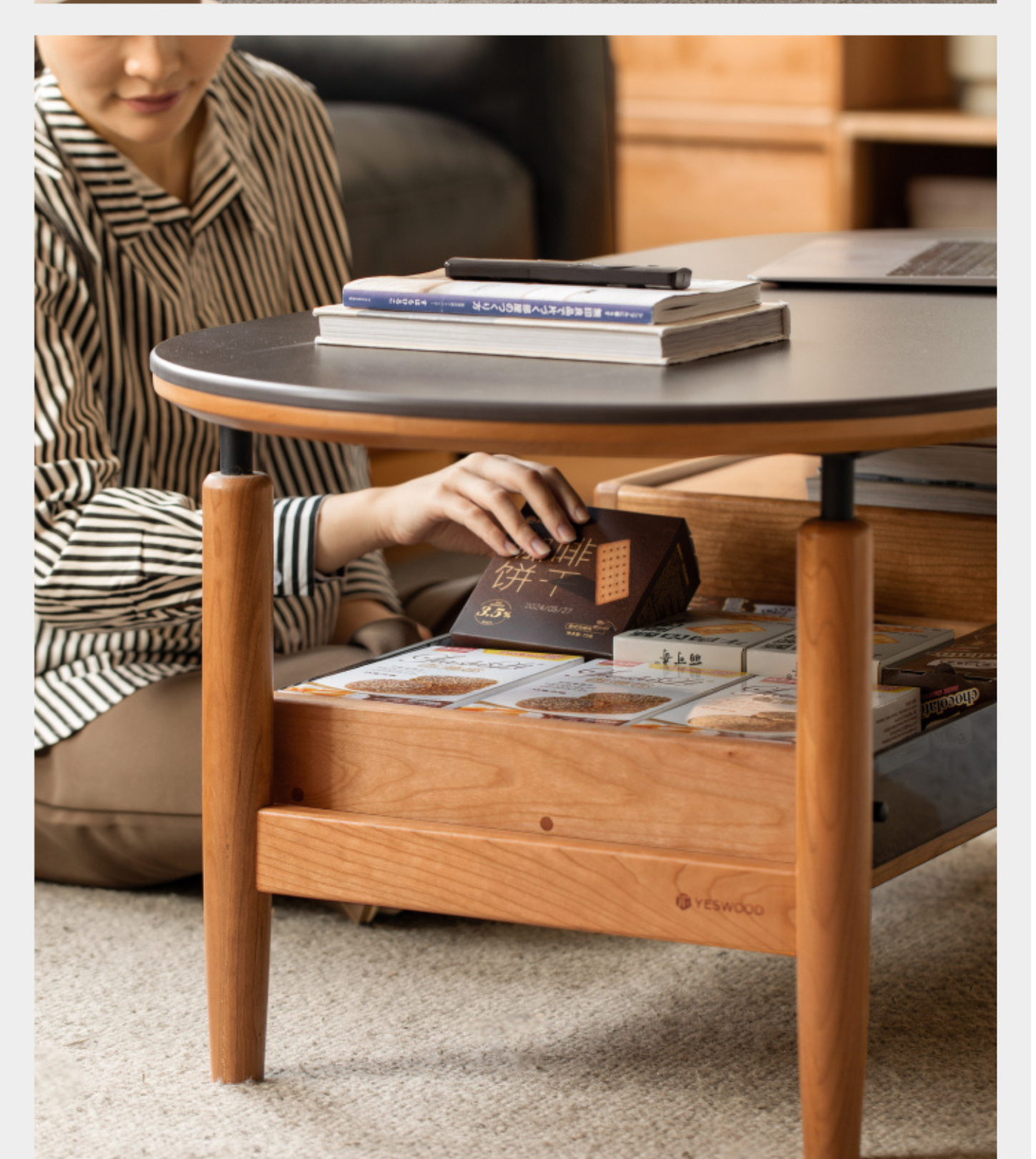 Cherry solid Wood Modern Rock Tea Table with Drawer