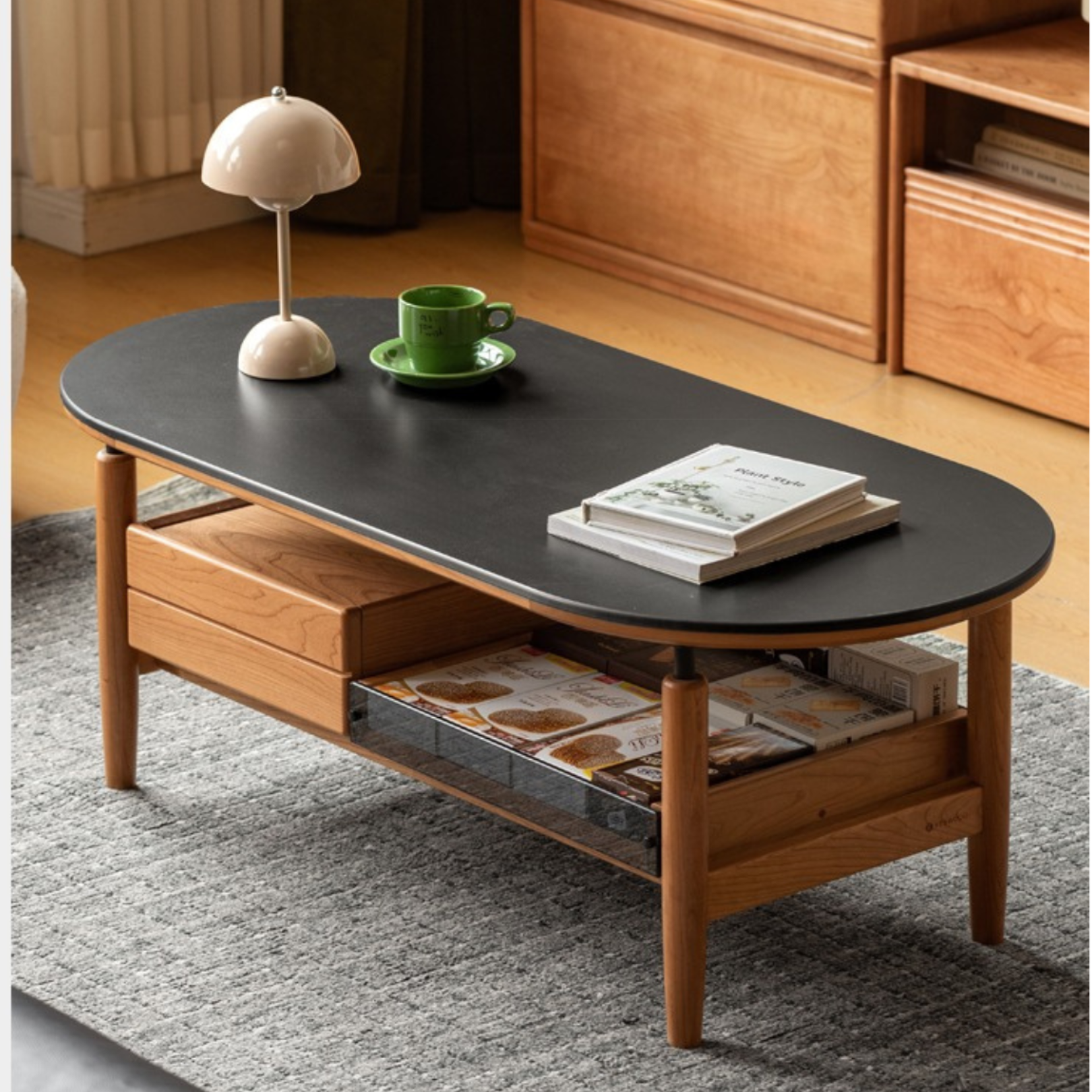 Cherry Solid Wood Modern Rock Tea Table with Drawer