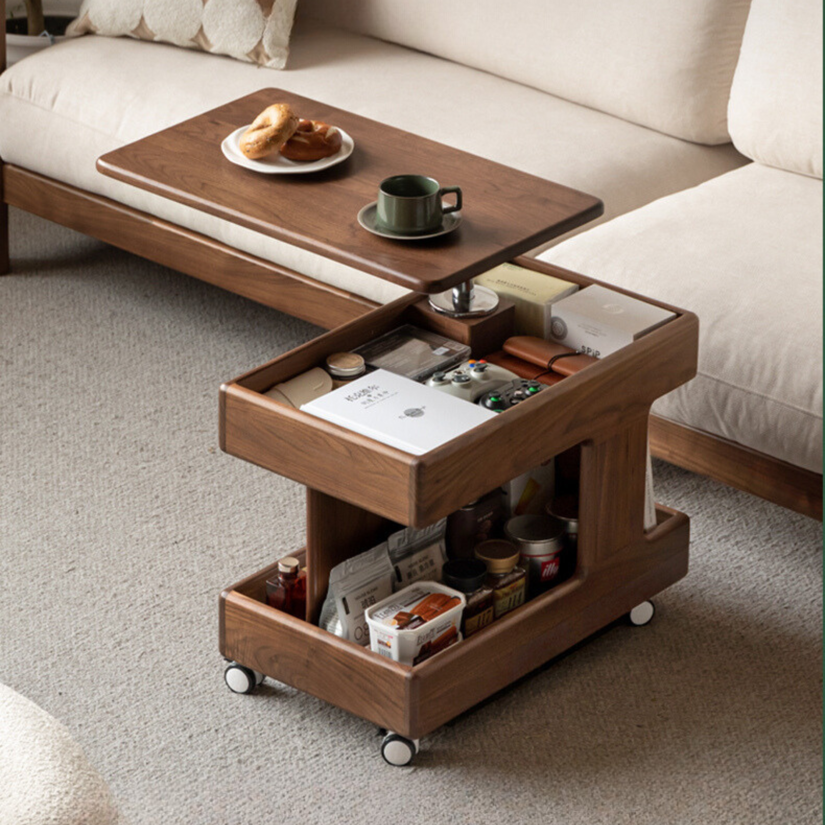 Black walnut solid wood raised and lowered rotating coffee table