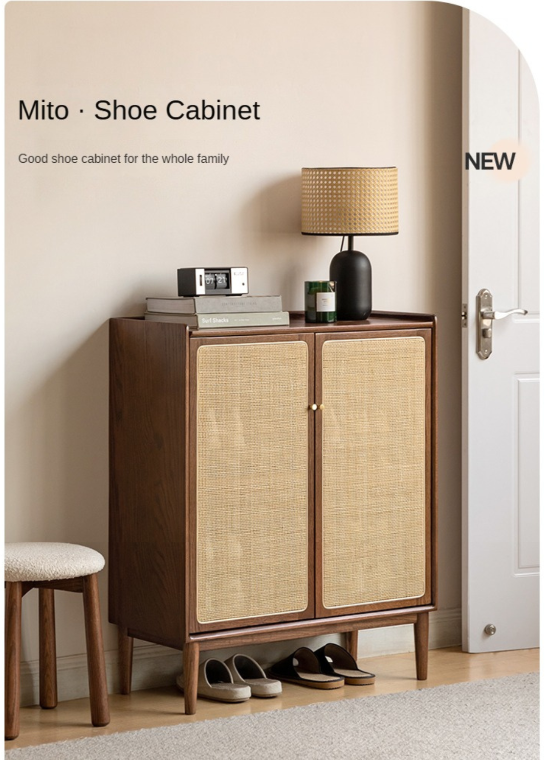 Oak Solid Wood Door Rattan Shoe Cabinet