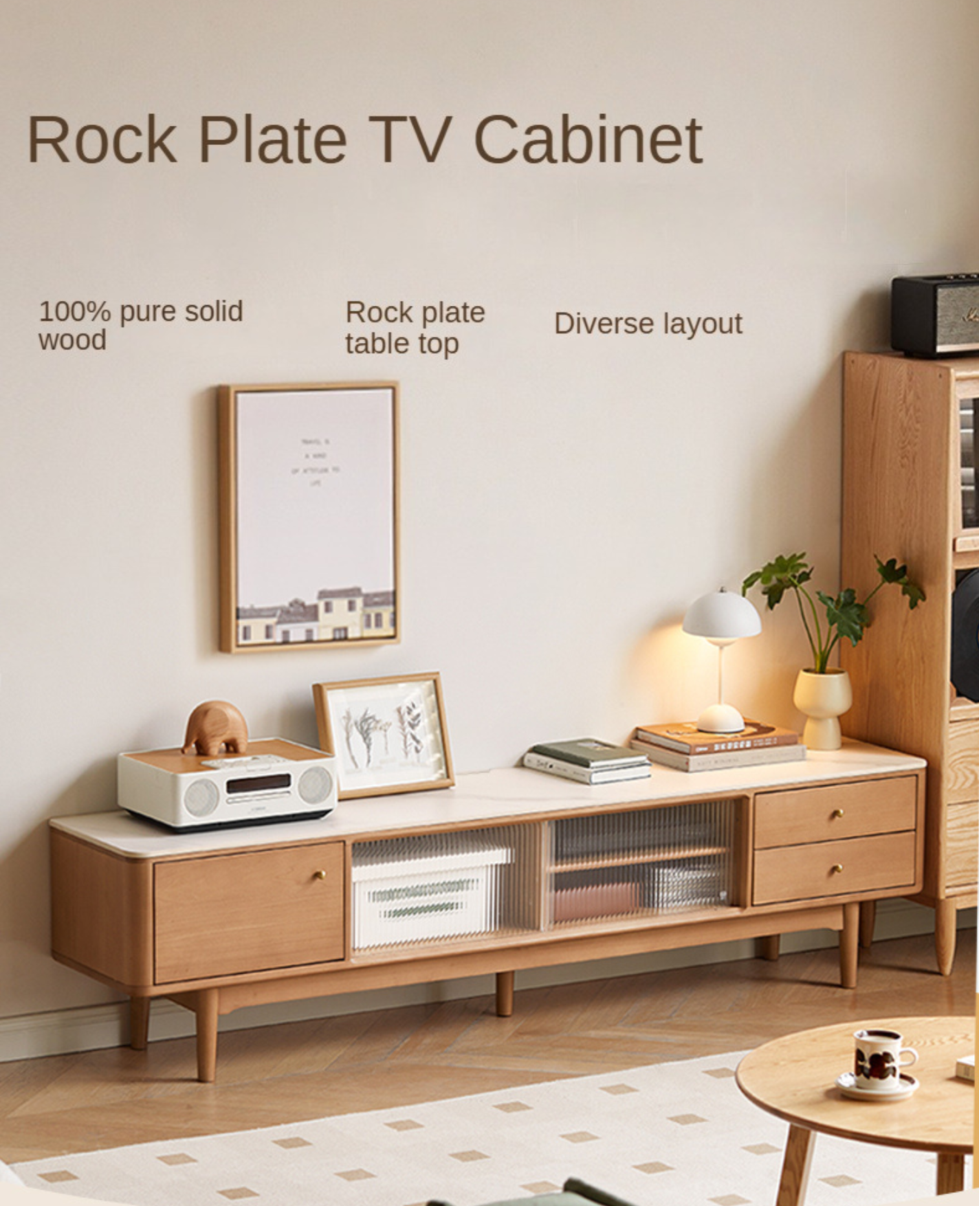 Poplar solid wood modern simple rock plate TV cabinet