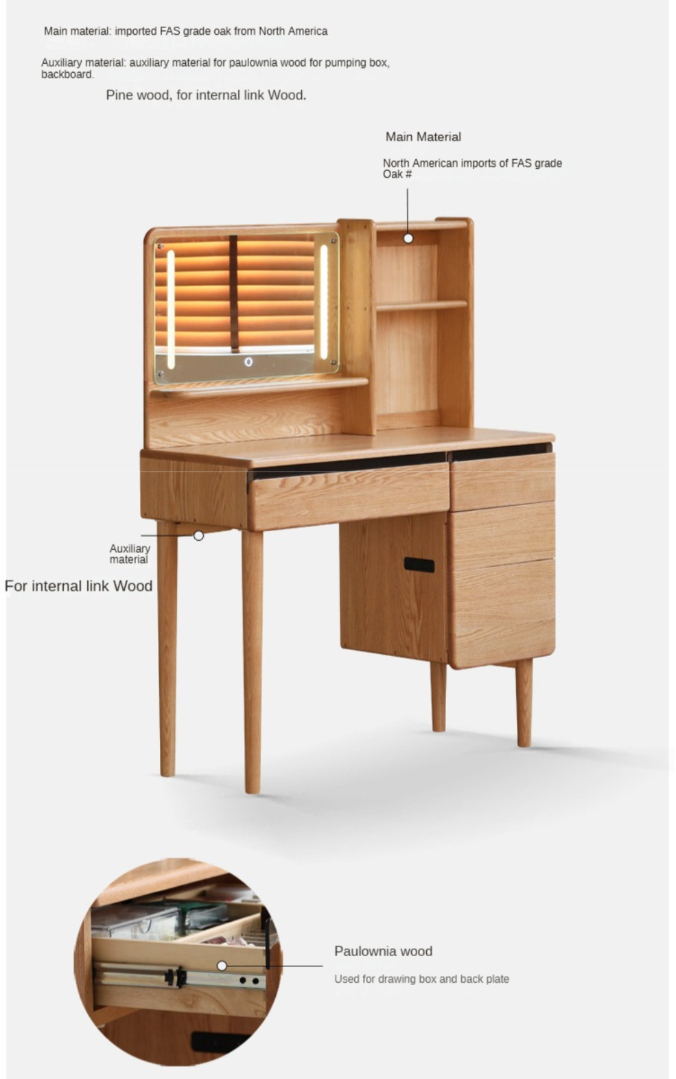 Oak Solid Wood Lighted Dressing Table