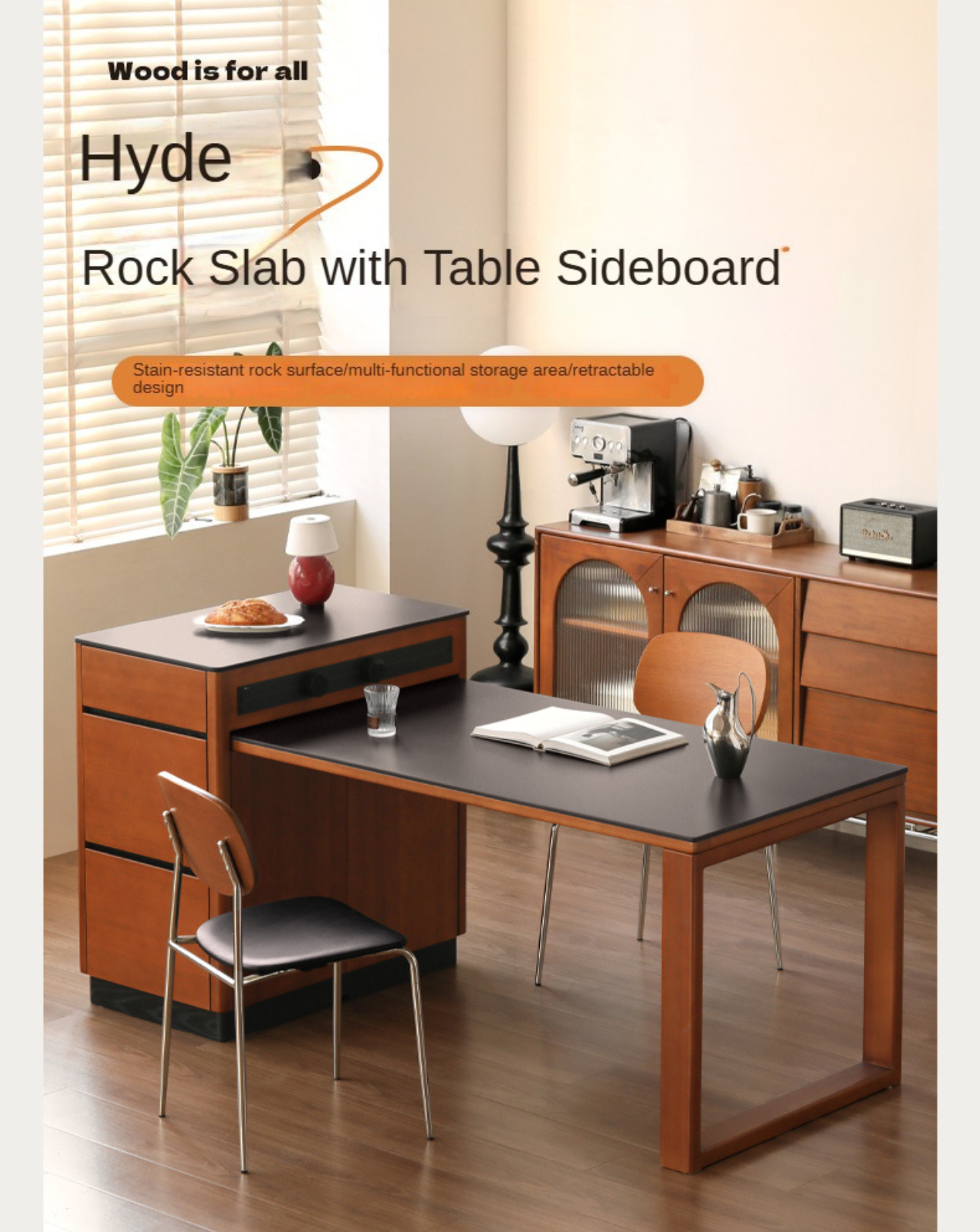 Poplar Solid Wood Island Bauhaus Retractable Rock Plate Dining Table