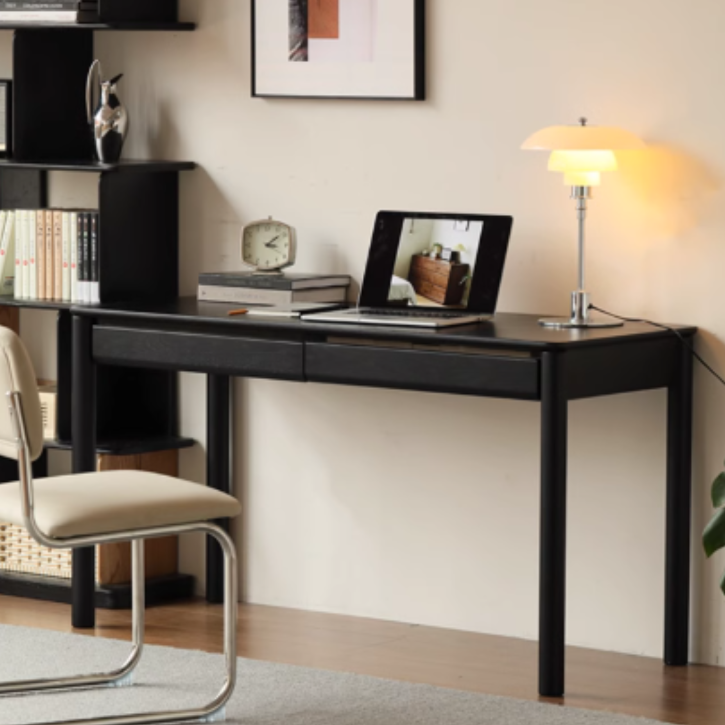 Oak Solid Wood Black Computer Desk