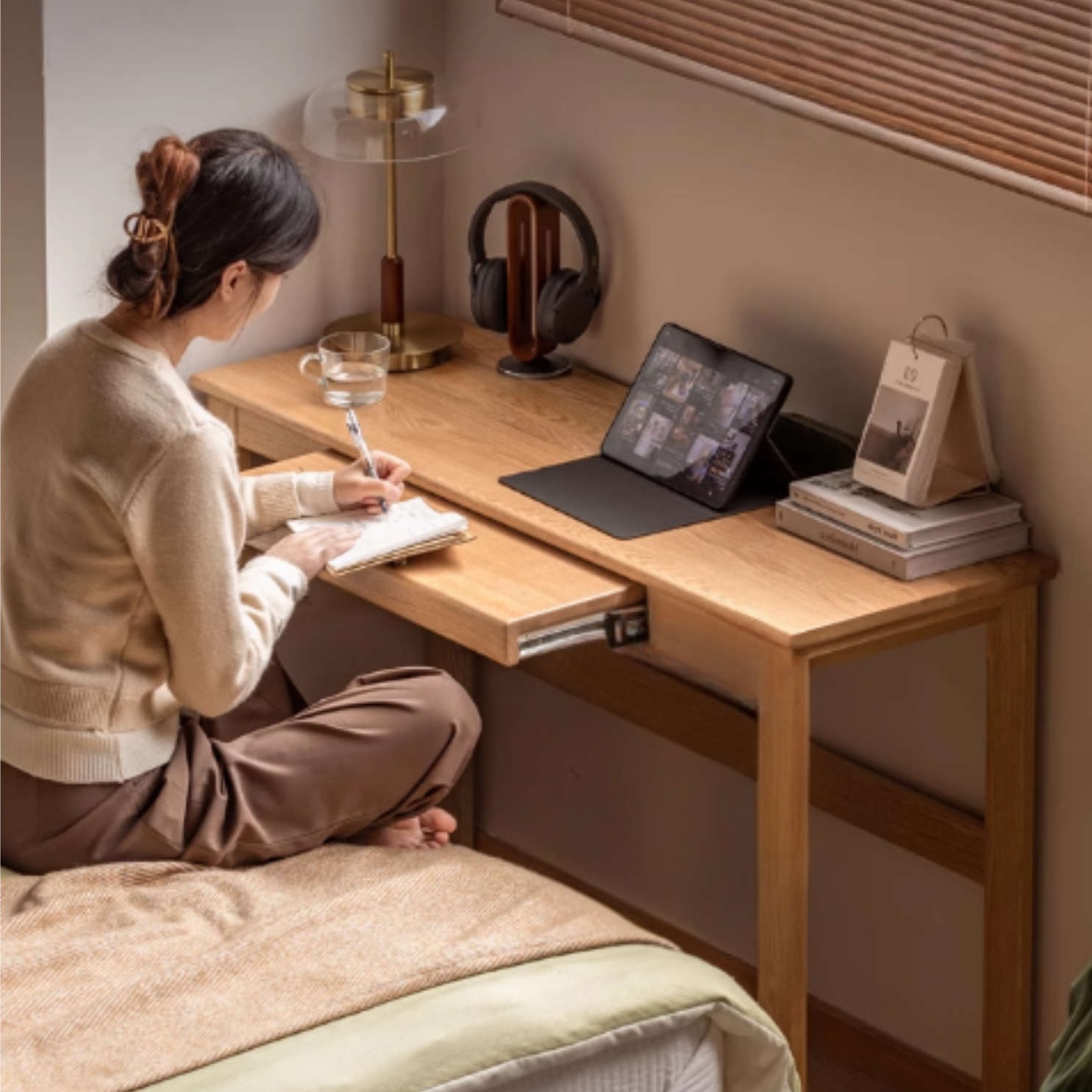 Oak Solid Wood Retractable Writing Narrow Desk