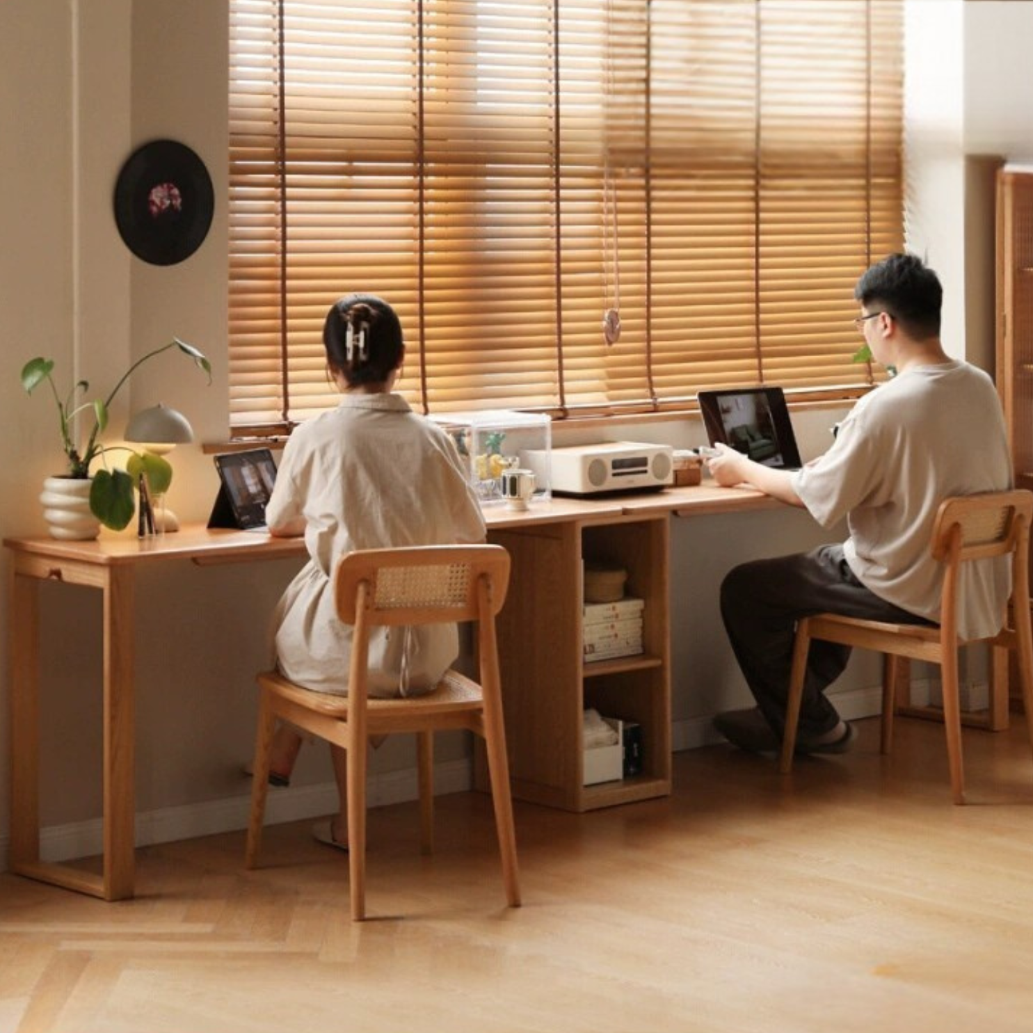 Oak solid wood double computer table with drawer