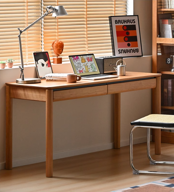 Cherry Solid Wood Retro Study Desk With Drawer