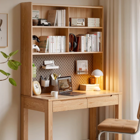 Oak solid wood desk bookshelf integrated simple writing desk