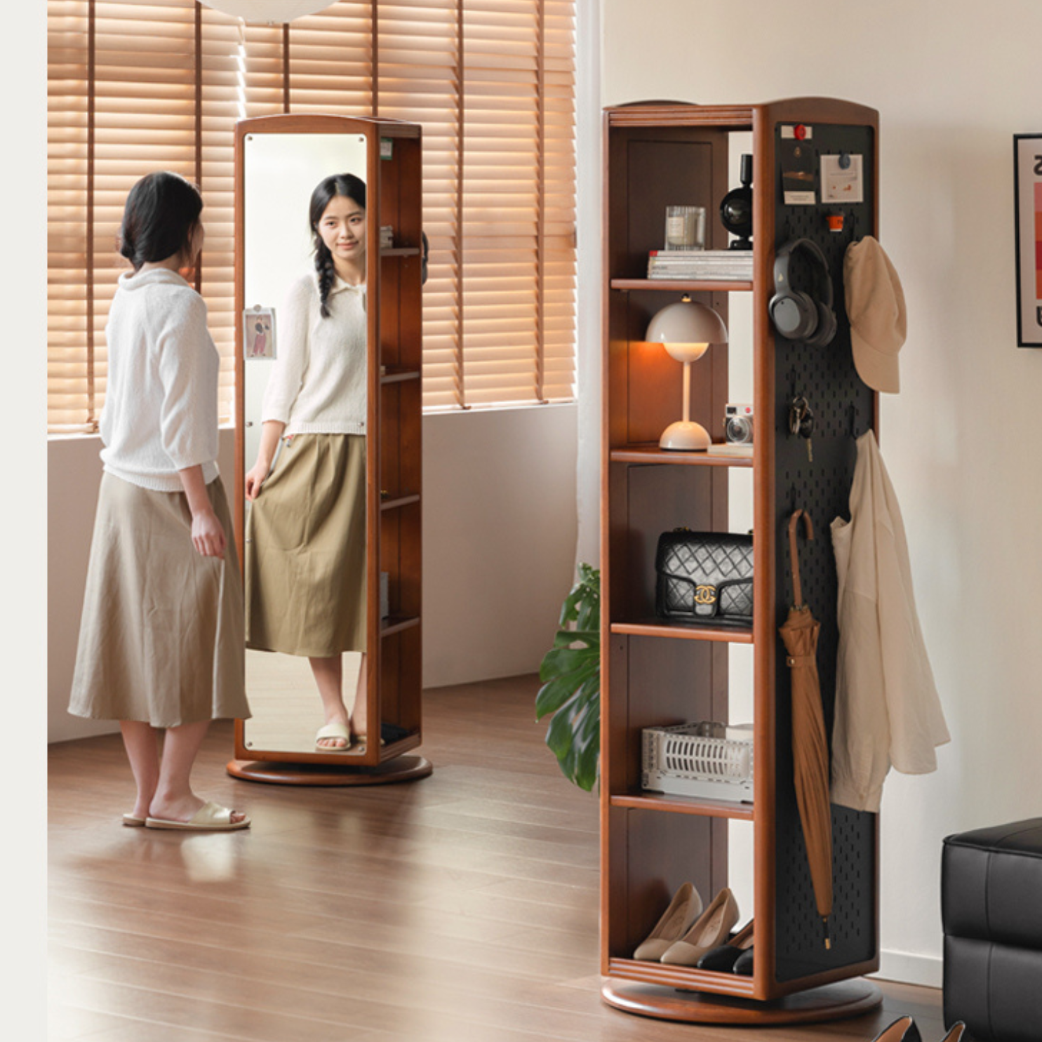 Poplar Solid Wood Rotating Multi-Function Retro Mirror Bookshelf