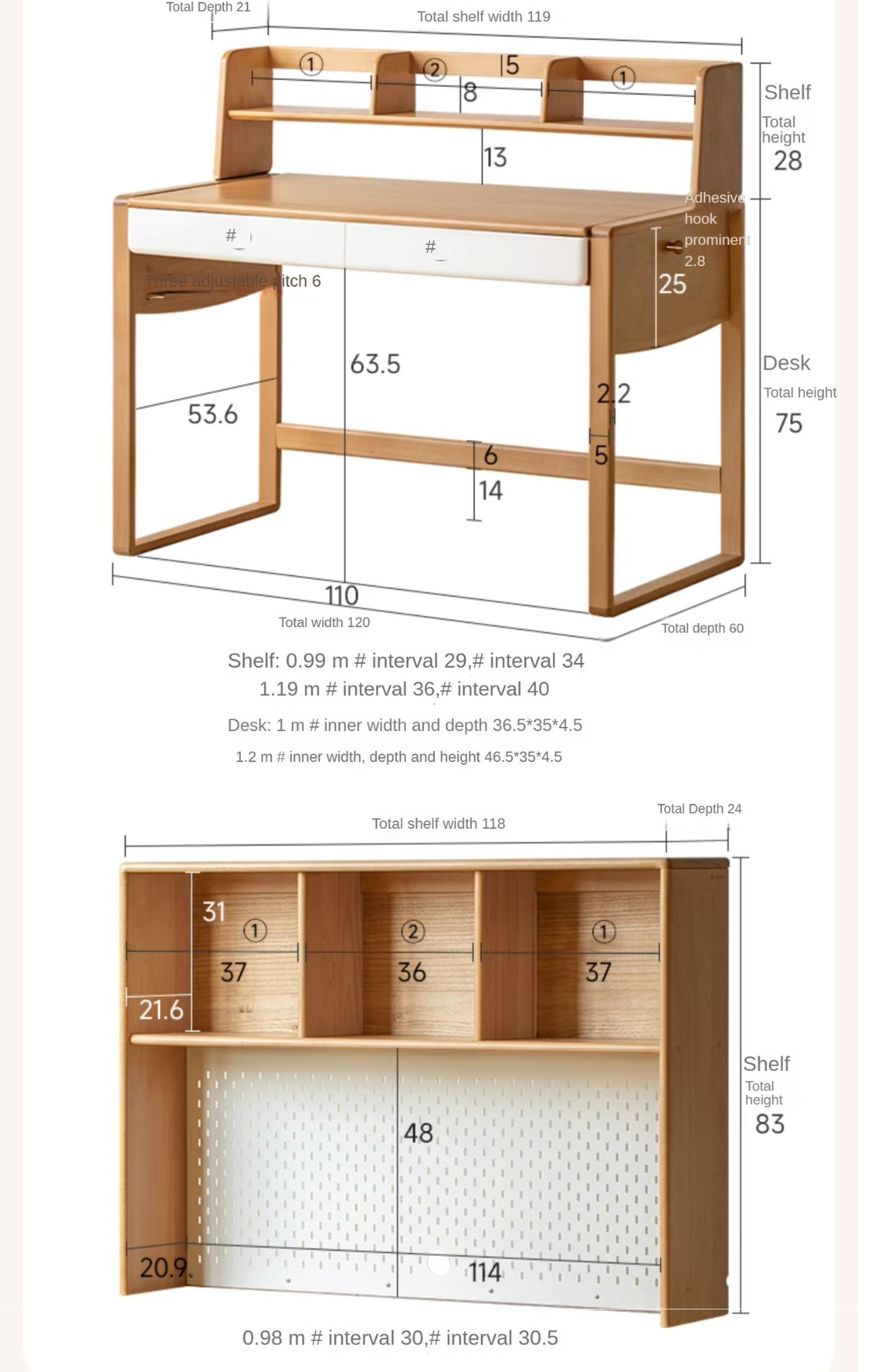 Beech Solid Wood Bookshelf Integrated Kids Desk.