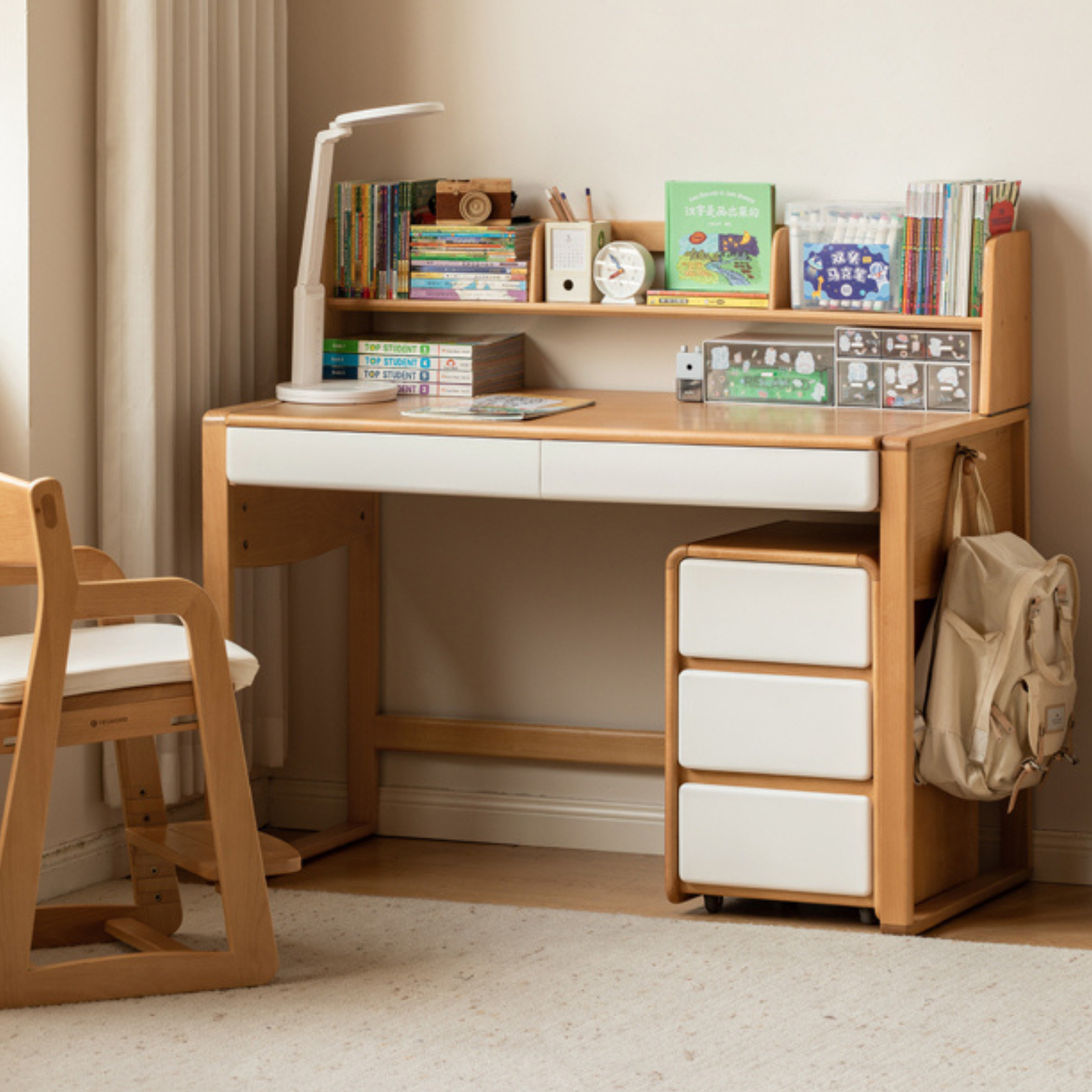 Beech solid wood bookshelf integrated children's desk