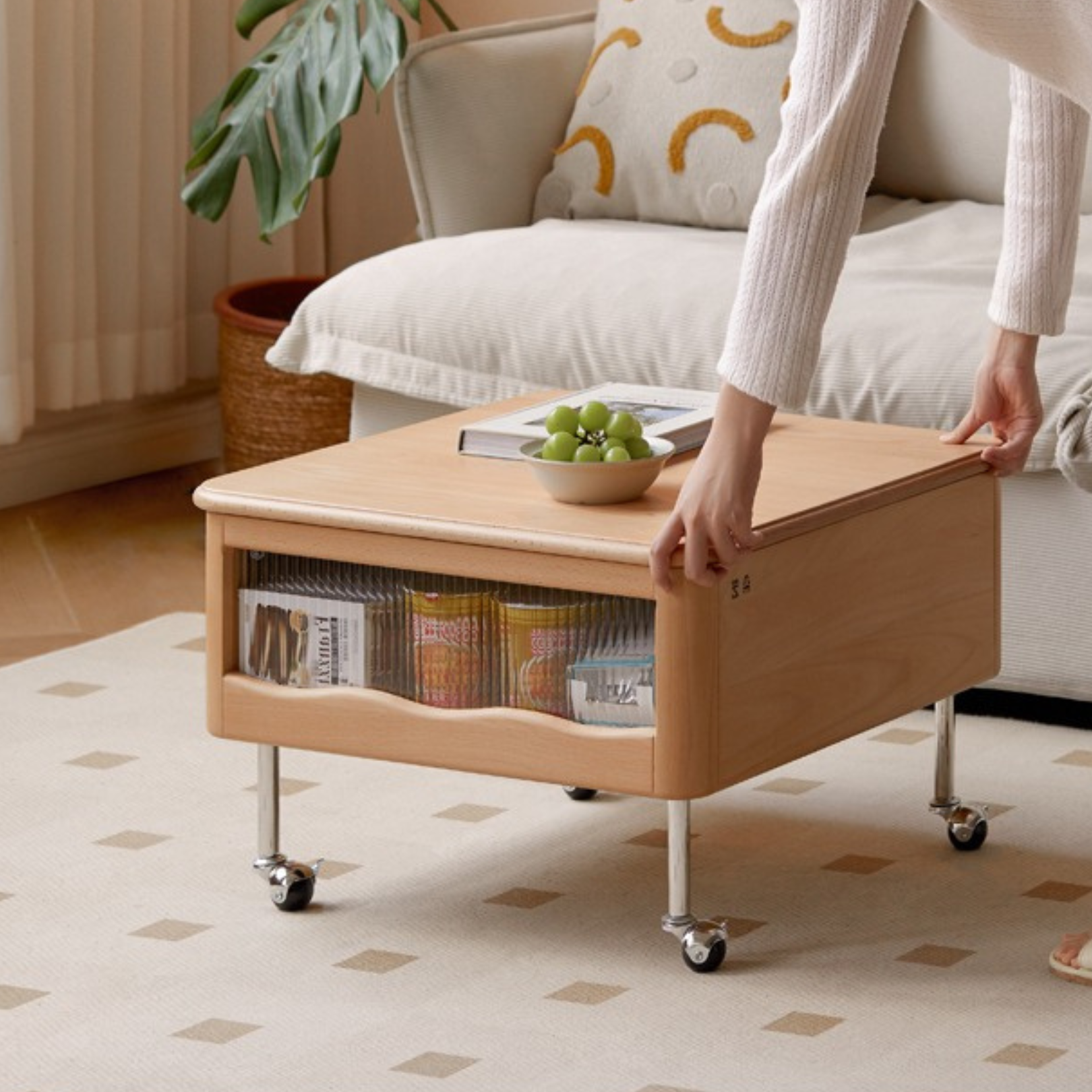 Beech Solid Wood Lifting Movable Rolley Coffee Table