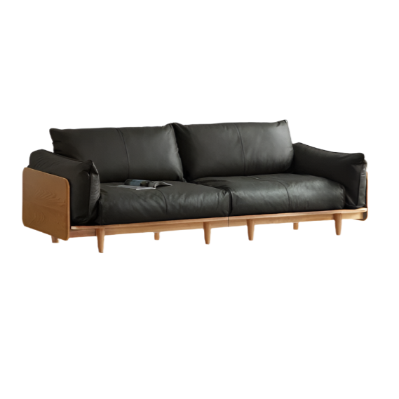 Oak Solid Wood Sofa Genuine Leather, Fabric: