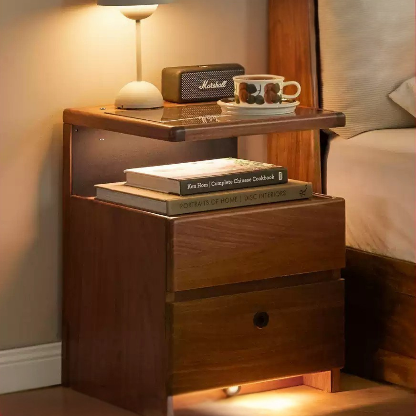 Black walnut solid wood wireless charging with lock Smart nightstand=