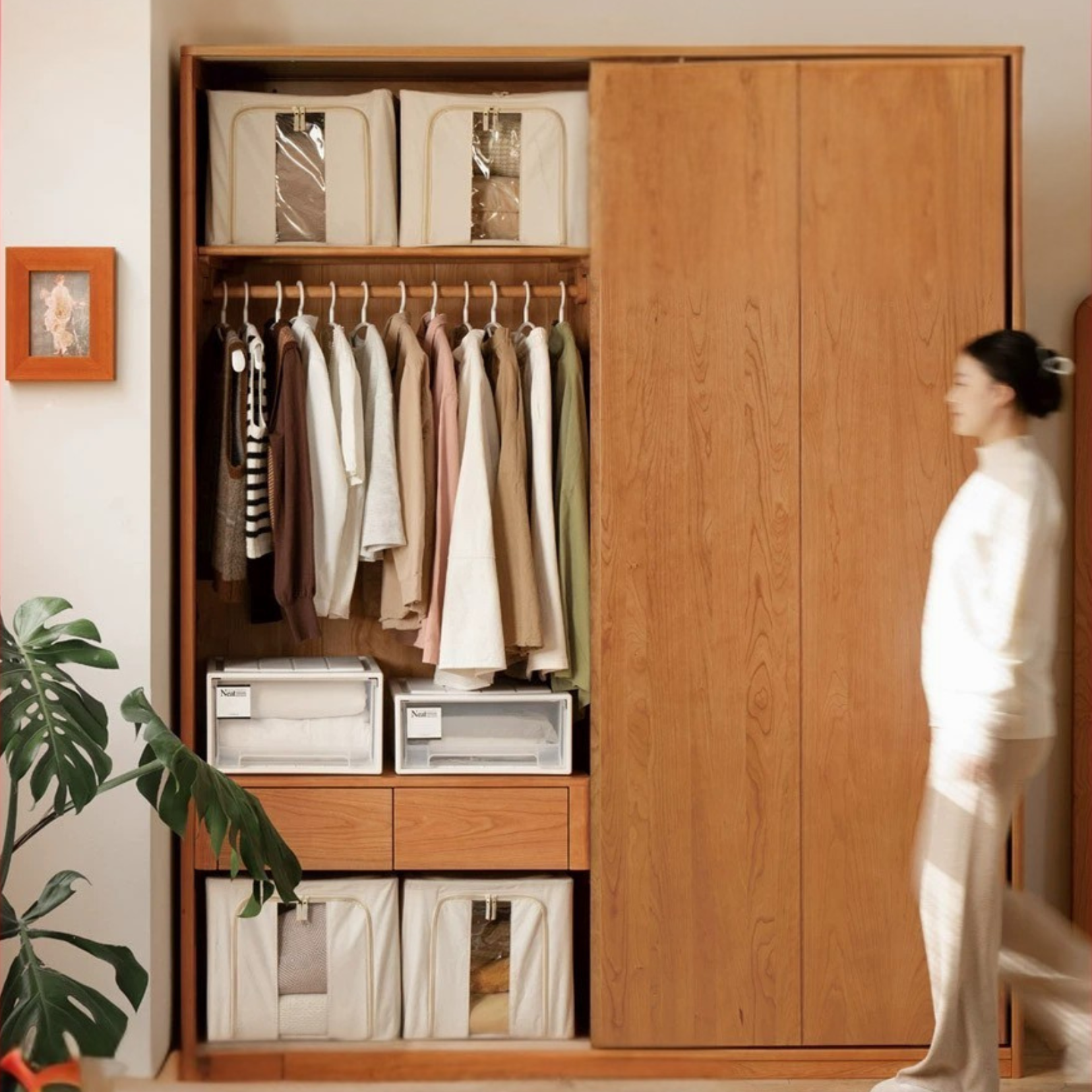 Cherry wood sliding door retro  wardrobe: