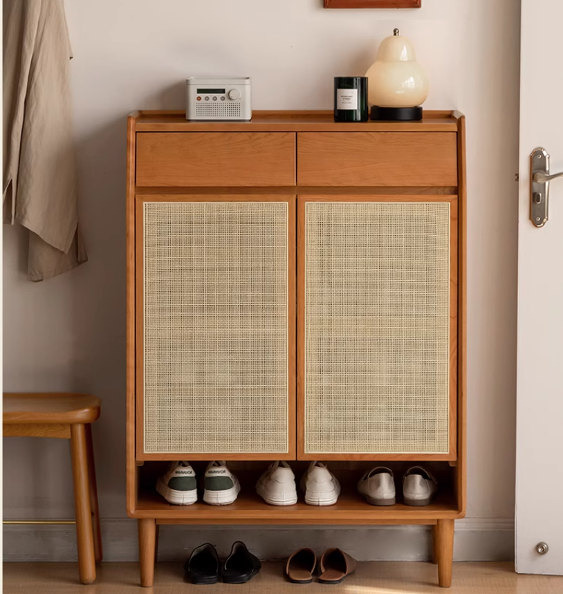 Cherry Solid Wood Rattan Shoe Cabinet