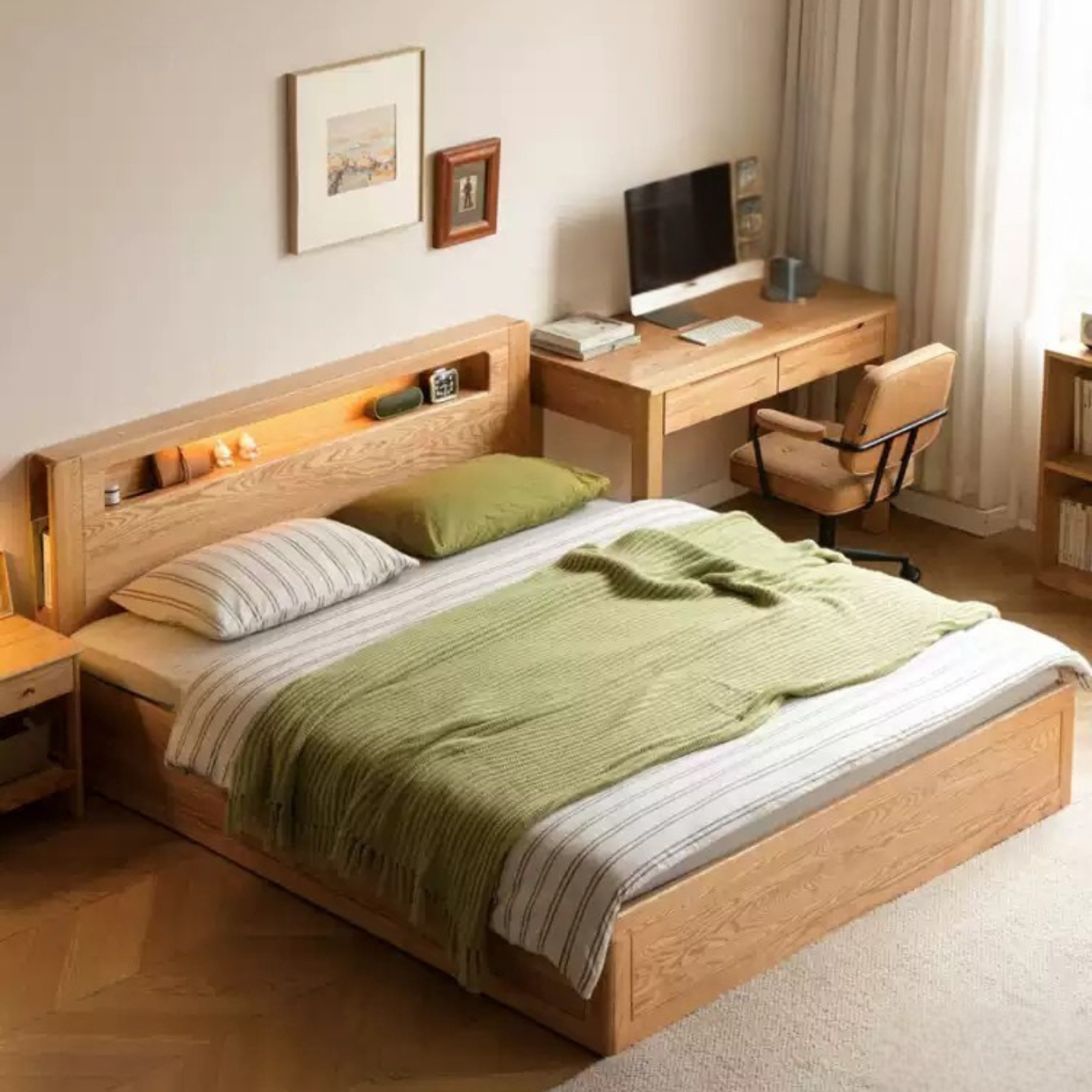 Oak solid wood Luminous box bed