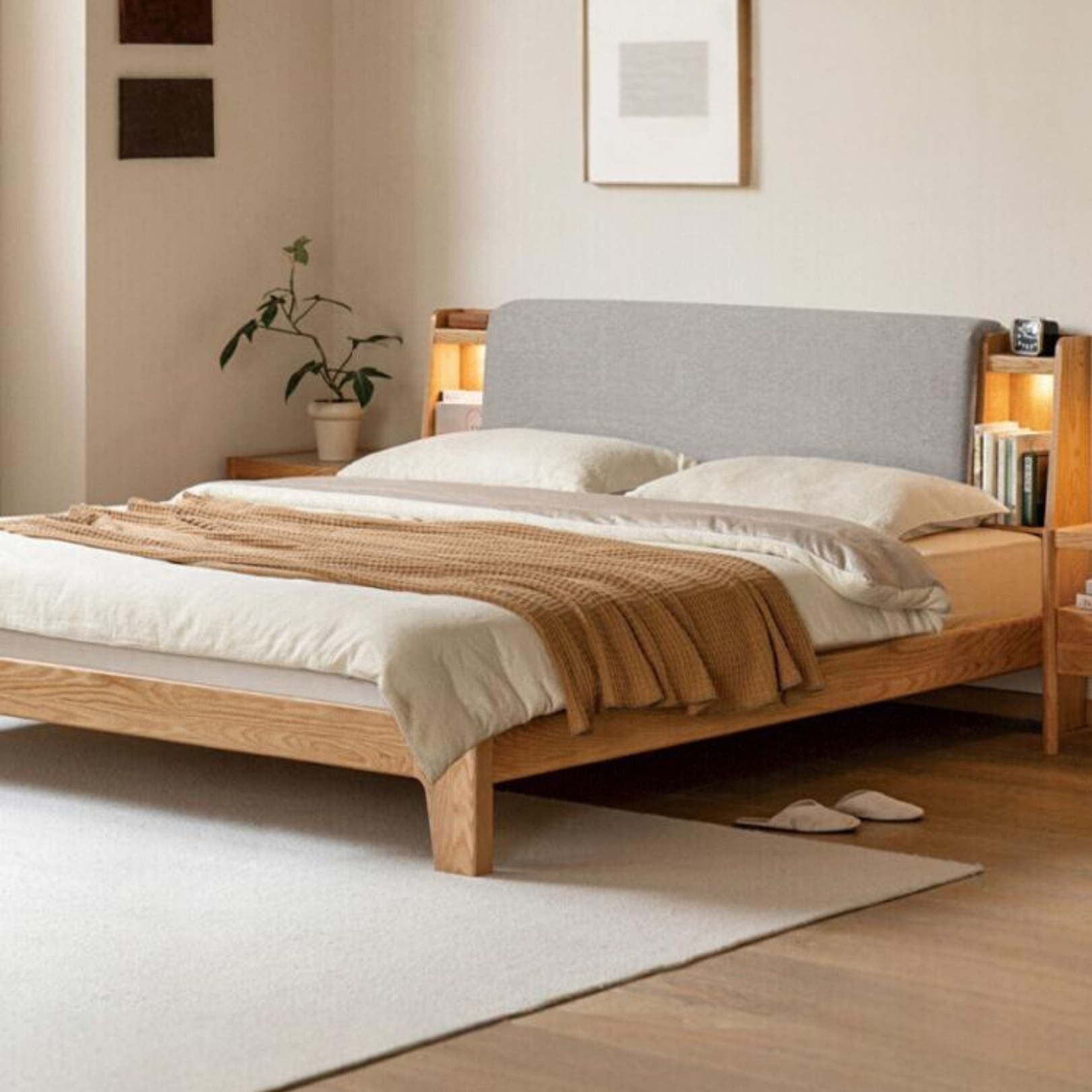 Oak solid wood Fabric Bed with light and shelf