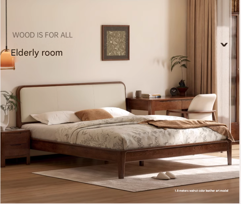 Oak Solid wood bed modern Genuine leather,Technology cloth, Fabric