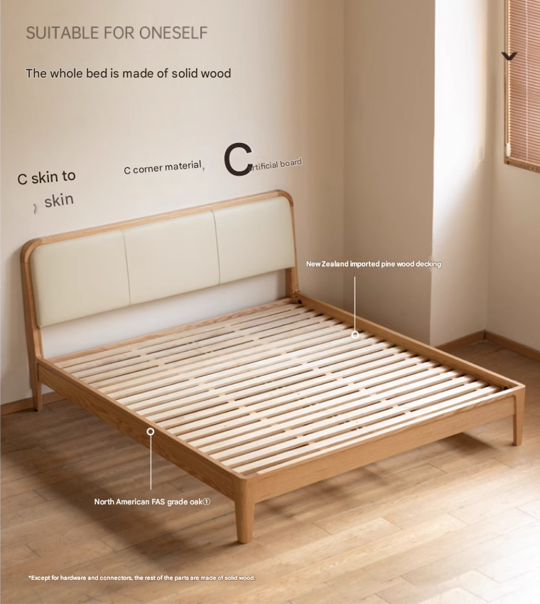 Oak Solid wood bed modern Genuine leather,Technology cloth, Fabric