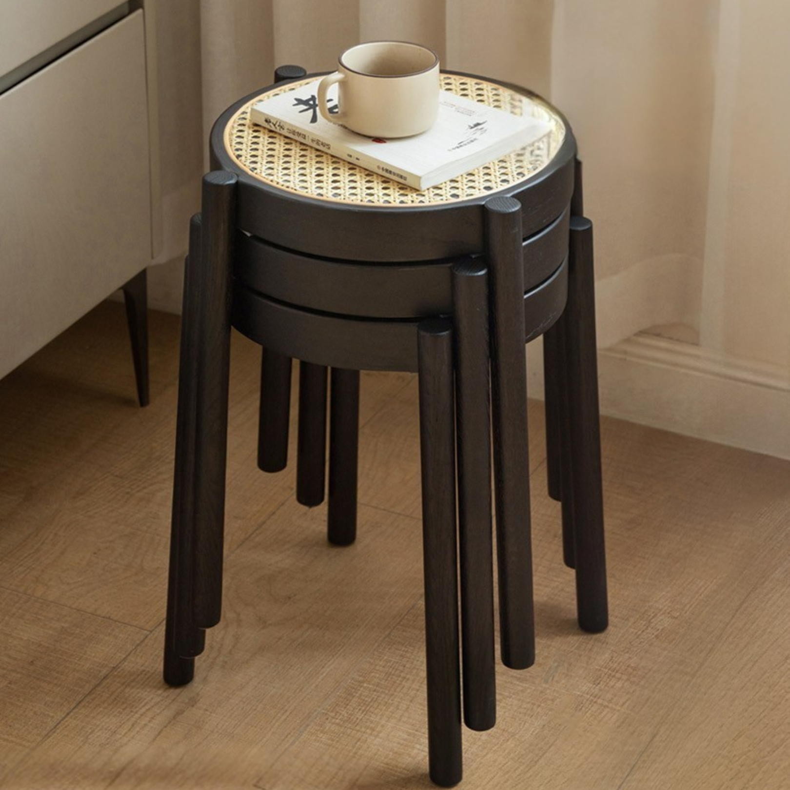 Smoky field stacking round stool oak solid wood: