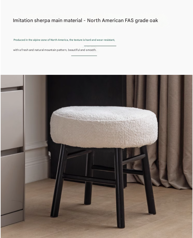 Oak Solid Wood Round Vanity Stool, Scandinavian Style White Makeup Chair