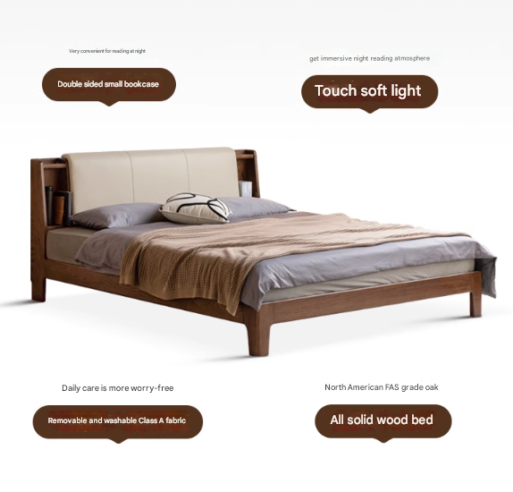 Oak Solid Wood Fabric Leather Soft Bed with Light