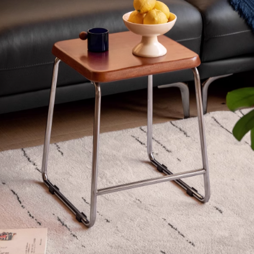 Poplar Solid Wood Medieval Style Retro Stainless Steel Stool