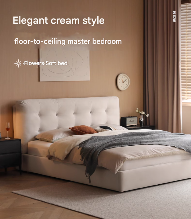 Fabric bed modern cream style white soft bed