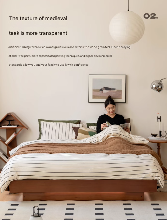 Poplar Solid Wood Retro Platform Box Bed, Headboard-Free Bed with light