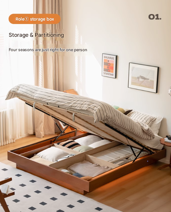 Poplar Solid Wood Retro Platform Box Bed, Headboard-Free Bed with light
