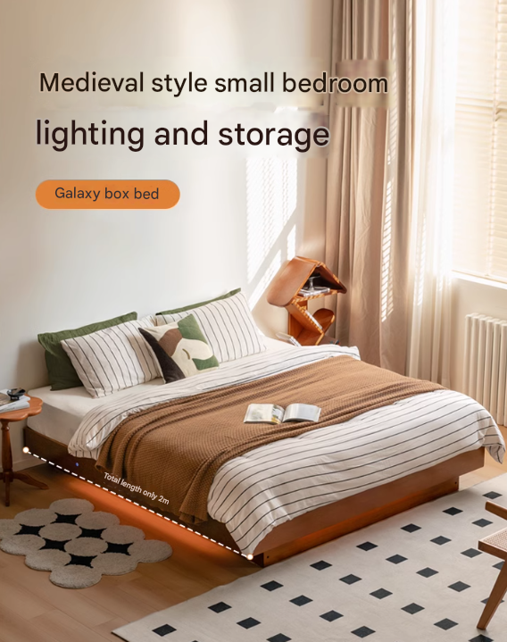 Poplar Solid Wood Retro Platform Box Bed, Headboard-Free Bed with light