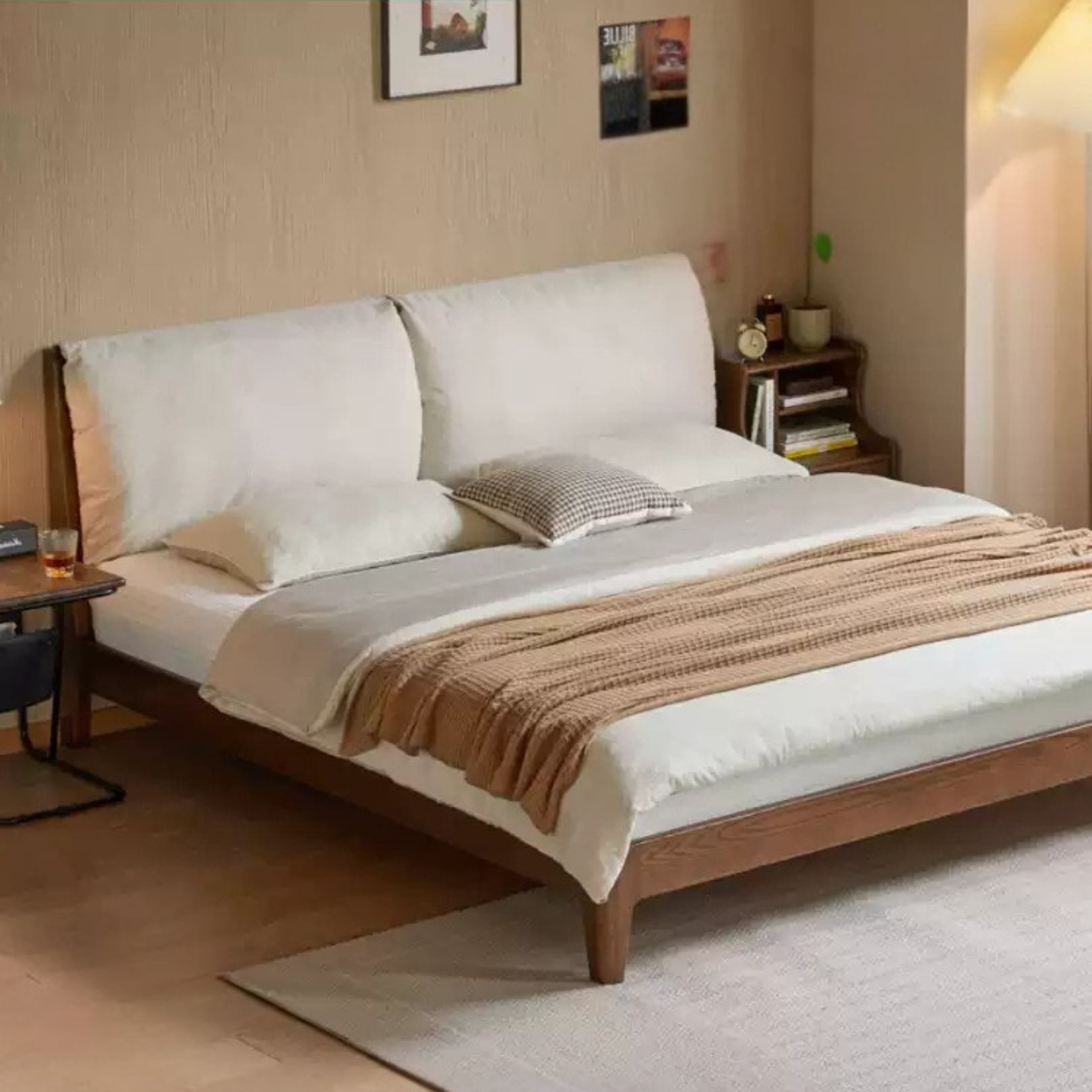 Oak Solid Wood Simple Fabric Soft Package Bed