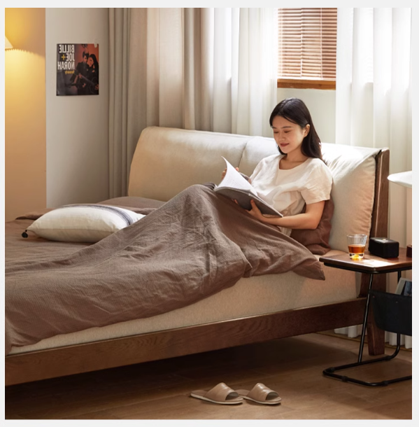 Oak Solid Wood Simple Fabric Soft Package Bed