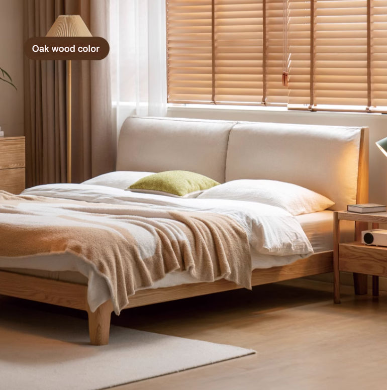 Oak Solid Wood Simple Fabric Soft Package Bed
