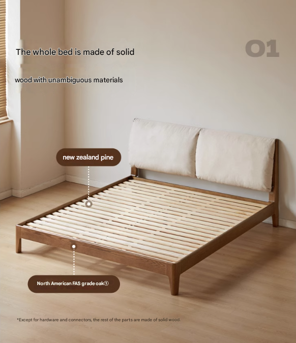 Oak Solid Wood Simple Fabric Soft Package Bed