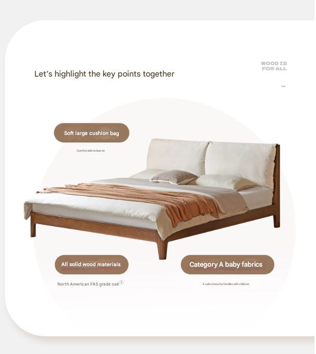 Oak Solid Wood Simple Fabric Soft Package Bed