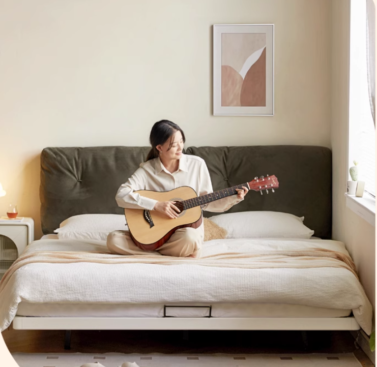 Rubber Solid Wood Creamy White Tatami Suspended Bed