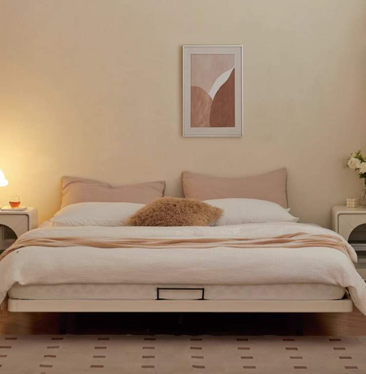 Rubber Solid Wood Creamy White Tatami Suspended Bed