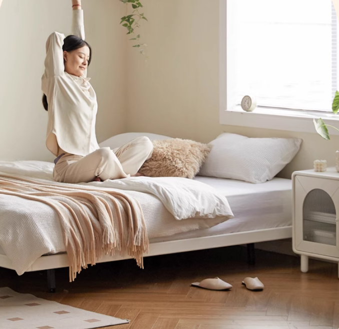 Rubber Solid Wood Creamy White Tatami Suspended Bed