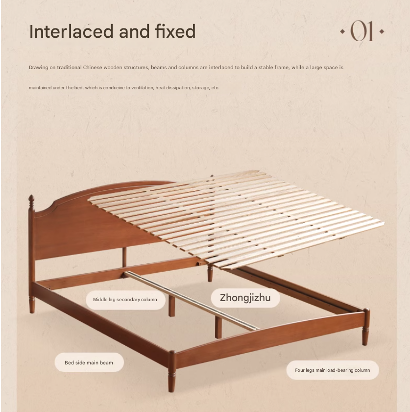 Poplar, Cherry Solid Wood French Retro Large Board Bed