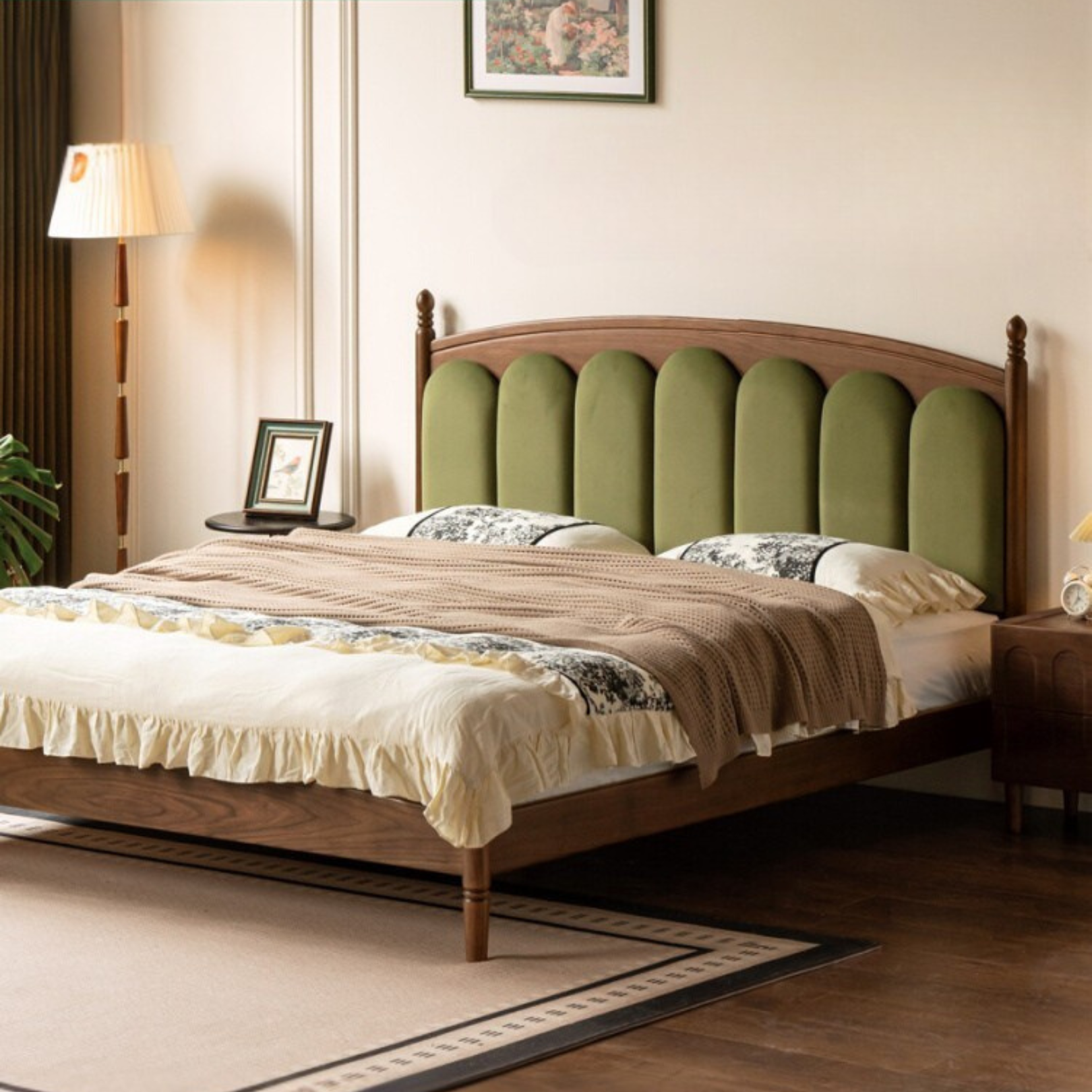 Black Walnut, Oak Solid Wood French Style Leather Bed with Retro Soft Headboard