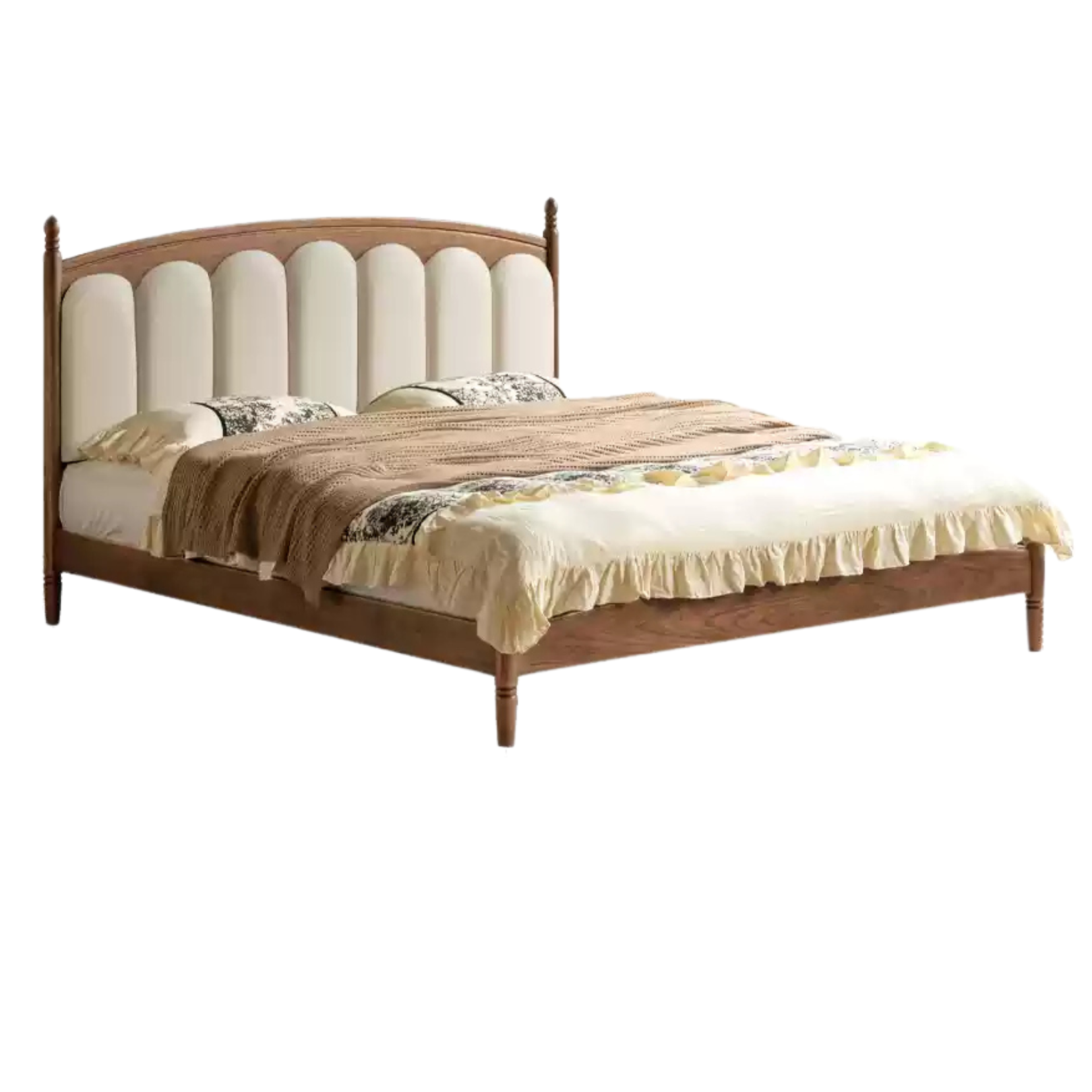 Black Walnut, Oak Solid Wood French Style Leather Bed with Retro Soft Headboard