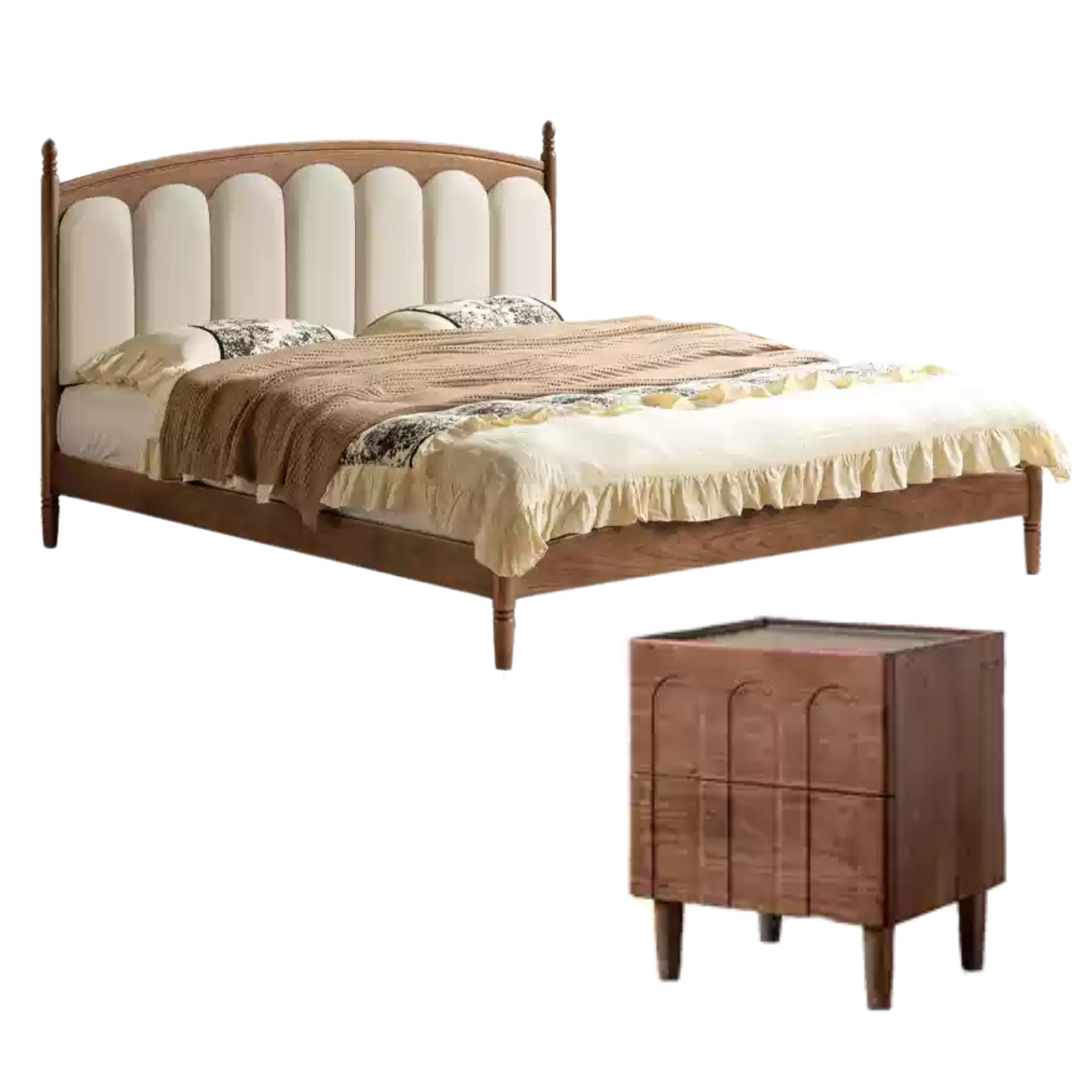 Black Walnut, Oak Solid Wood French Style Leather Bed with Retro Soft Headboard